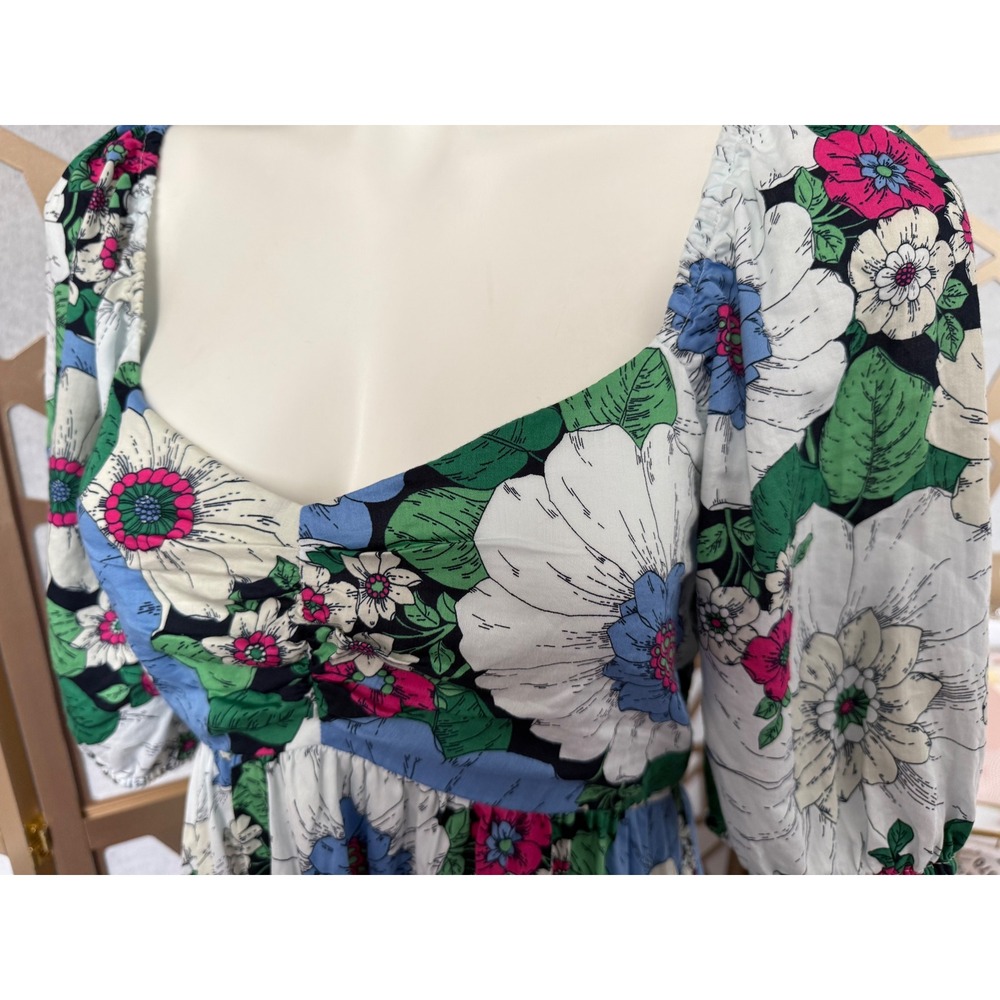 Gap Floral Smocked Back Puff Sleeve Mini Dress Blue Pink Pockets Cotton Womens M - Picture 9 of 9